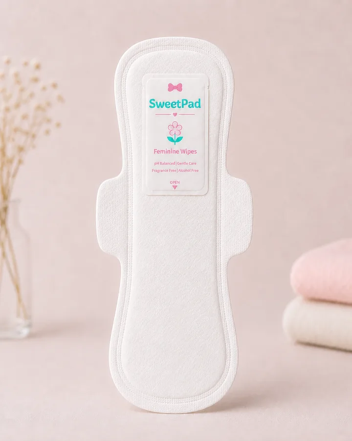 Sweet P feminine pad with built-in Feminine Wipes pouch