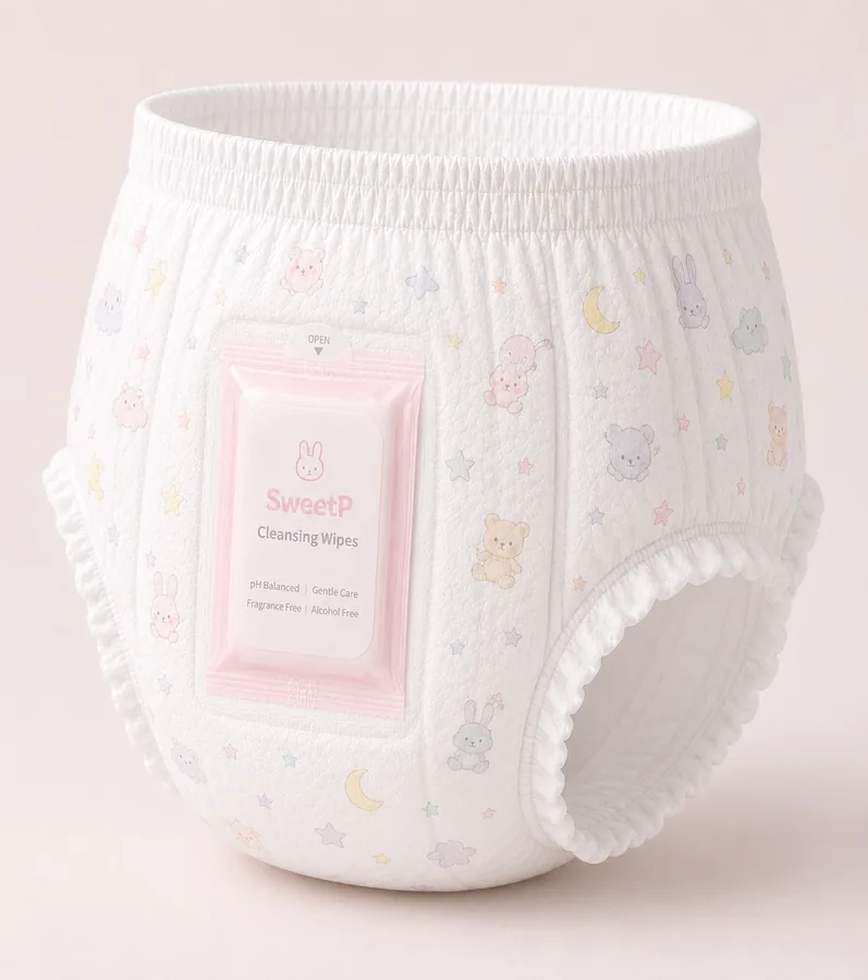 Sweet P baby diaper with built-in pink Cleansing Wipes pouch